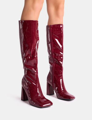 Zoya Burgundy Patent Slant Toe Block Heel Knee High Sock Boots