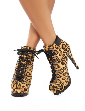 Provoke Leopard Faux Suede Lace Up Stiletto Ankle Boots