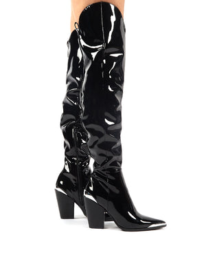 Honor Black Patent Western Block Heeled Knee High Boots