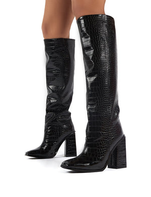 Zina Black Croc Square Toe Block Heeled Knee High Boots