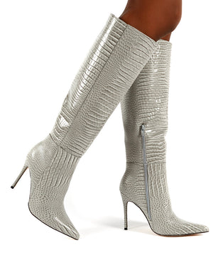 Aimi Grey Croc Knee High Stiletto Heel Boots