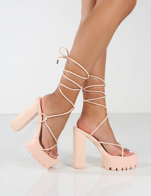 Certified Nude Chunky Platform Lace Up Heels