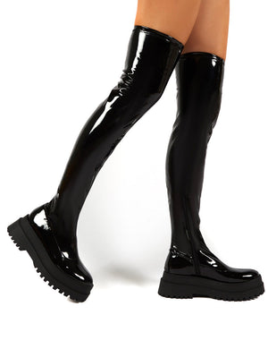 Disclosure Black Patent Over The Knee Thigh High Chunky Boots