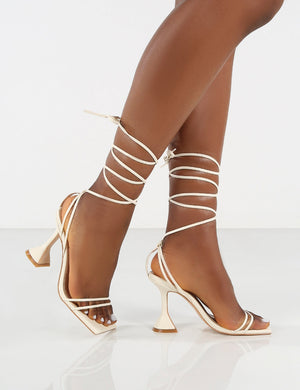 Dymond Off White Lace Up Square Toe Cake Stand Heels