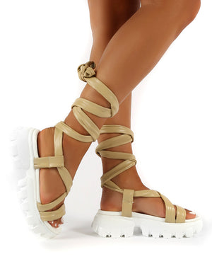 Friction Nude PU Chunky Sole Lace Up Sandals