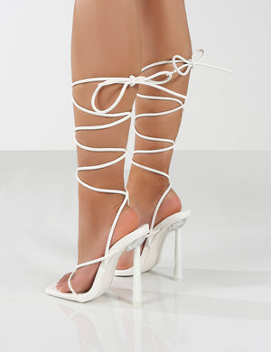 Lacey White Square Toe Strappy Lace Up Heels