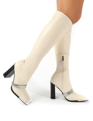 Manic Stone Removable Chain Detail Knee High Heeled Boots