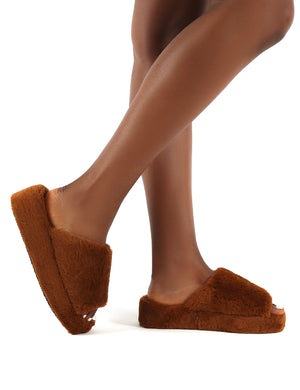 Snoozie Tan Faux Fur Chunky Platform Sole Sliders