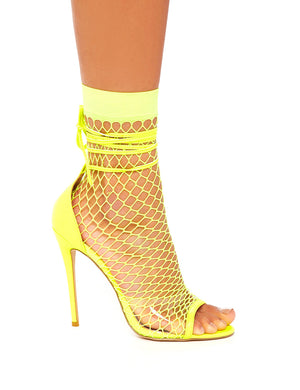 Sunrise Neon Yellow Fishnet Peeptoe Stiletto Heels