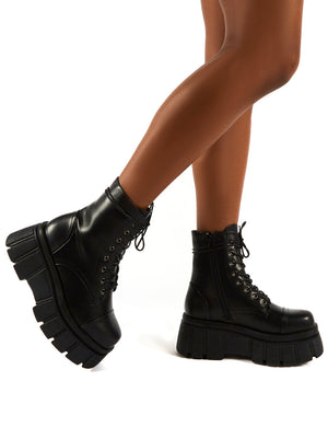 Trooper Black PU Lace Up Chunky Sole Ankle Boots
