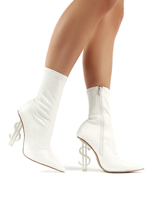 Money Maker White PU Statement Heel Sock Fit Ankle Boots