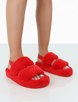 Bed Time Red Faux Fur Fluffy Strappy Slingback Slippers