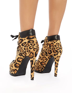 Provoke Leopard Faux Suede Lace Up Stiletto Ankle Boots