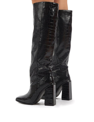 Zina Black Croc Square Toe Block Heeled Knee High Boots