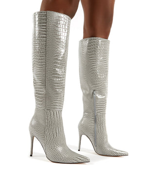 Aimi Grey Croc Knee High Stiletto Heel Boots