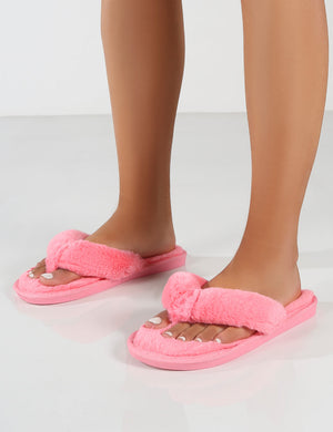 Cuddle Pink Thong Strap Faux Fur Slippers