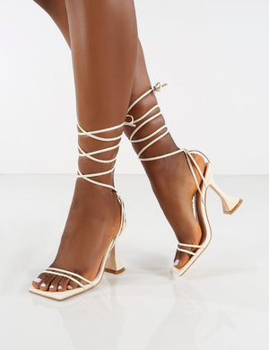 Dymond Off White Lace Up Square Toe Cake Stand Heels