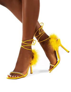 Fifi Yellow Feather Lace Up Ankle Square Toe Stiletto Heels