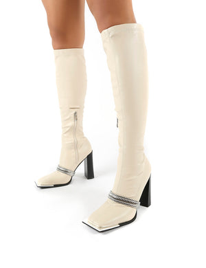 Manic Stone Removable Chain Detail Knee High Heeled Boots