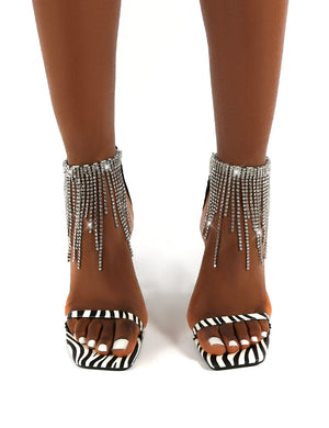 Redemption Zebra Diamante Tassel Square Toe Ankle Stiletto Heels