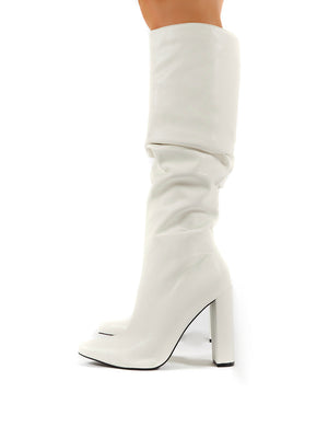 Yours White PU Heeled Knee High Block Boots