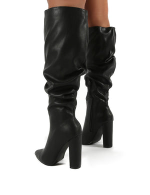 Yours Black Wide Fit PU Heeled Knee High Block Boots