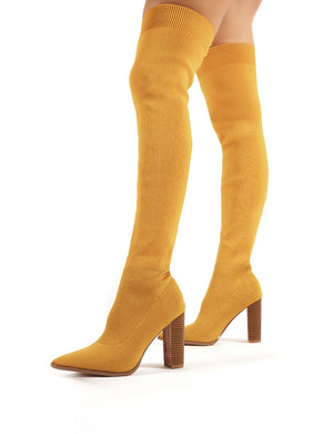 Romee Mustard Knitted Block Heeled Over the Knee Boots