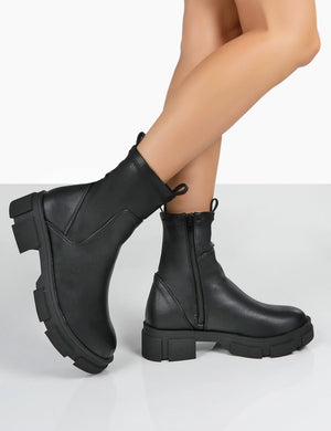 TREAT BLACK PU CHUNKY ANKLE BOOTS