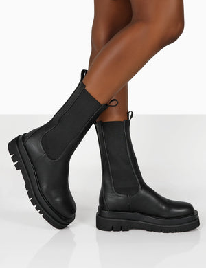 Dope Black PU Chunky Sole Chelsea Ankle Boots