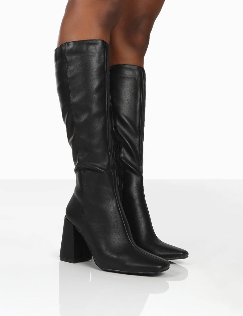 Apology Black Pu Knee High Block Heel Boots