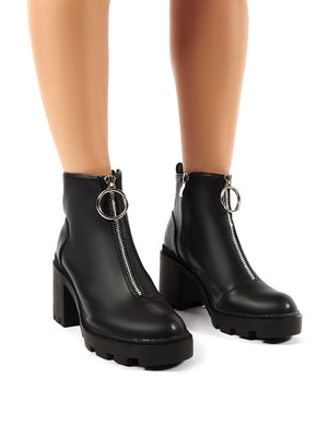 Gospel Black PU Zip Up Chunky Heeled Ankle Boots