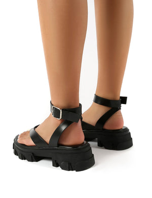 Deputy Black PU Chunky Sole Ankle Wrap Thong Strap Sandals