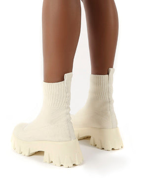 Trust Ecru Chunky Platform Sole Sock Ankle Boots