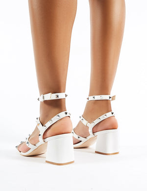Always Studded Strappy Block Mid Heels in White