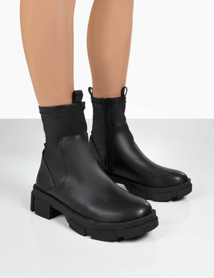 TREAT BLACK PU CHUNKY ANKLE BOOTS