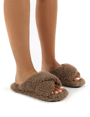 Cozee Tan Fluffy Teddy Cross Over Strap Slippers