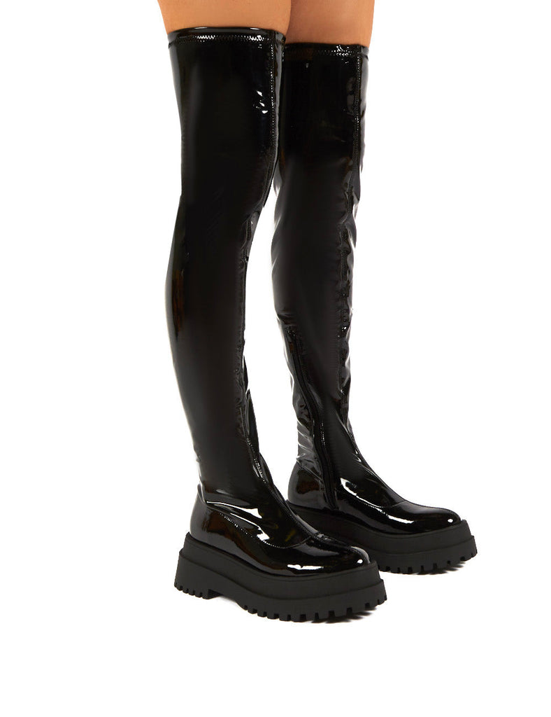 Disclosure Black Patent Over The Knee Thigh High Chunky Boots|Public Desire