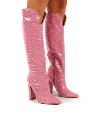 Slow Pink Croc Knee High Block Heel Boots
