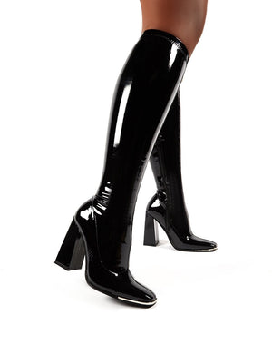 Caryn Black Vinyl Wide Fit Block Heeled Knee High Boots
