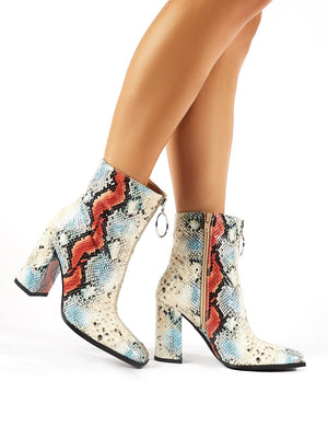 Payback Multi Snakeskin Zip Up Block Heeled Ankle Boots