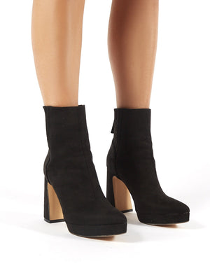 Tegan Black Faux Suede Flare Heeled Ankle Boots