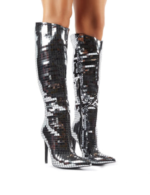 Thriller Tiled Silver MIrror Stiletto Heeled Knee High Boots