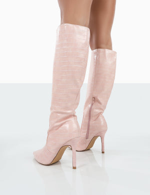 Rosalie Wide Fit Pink Croc Heeled Pointed Toe Knee High Boots