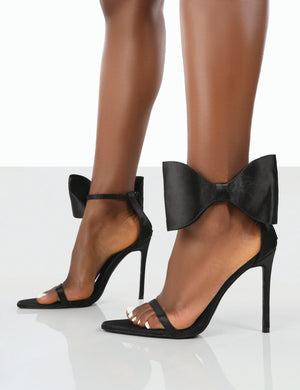 Zeal Black Satin Strappy Bow Ankle Detail Stiletto Heels