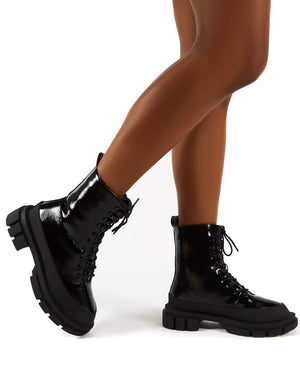 Mischief Black Patent Lace Up Chunky Sole Ankle Boots
