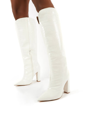 Slow White Snake Wide Fit Knee High Block Heel Boots