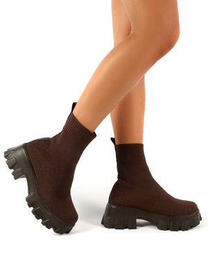 Trust Chocolate Chunky Platform Sole Sock Ankle Boots