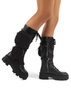 Gilda Black PU Lace Up Pouch Detail Chunky Knee High Boots