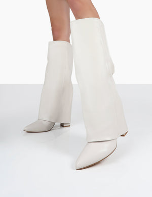 Zendaya Ecru Pointed Toe Knee High Boots