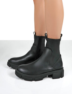 TREAT BLACK PU CHUNKY ANKLE BOOTS